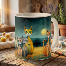 Whimsical Midnight Garden Folk Art Cats