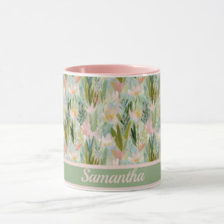 Mug Whimsical Sage Green Floral Personalized