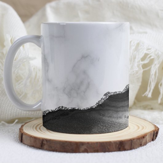 Mug White Marble Black Agate Silver Glitter