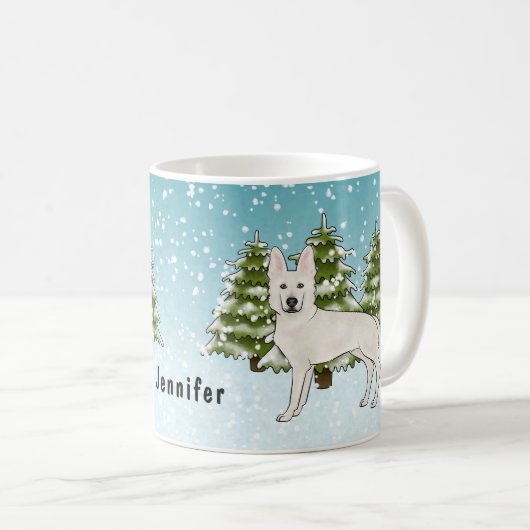 Mug White Swiss Shepherd White GSD Chien Forêt d'hiver (Devant droit)