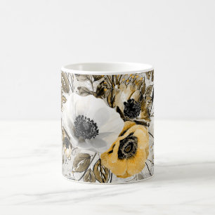 Mug White, yellow anemones on a gray-brown background.