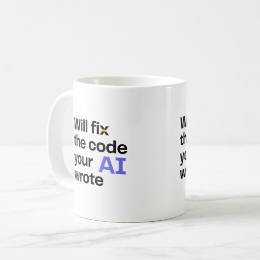 Mug 'Will fix AI code' - Blanc (Devant gauche)