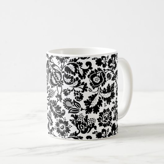 Mug William Morris Floral Damask, noir sur café blanc (Devant droit)
