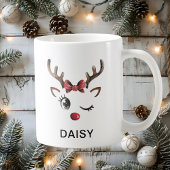 Mug Winking Red Bow Reindeer Christmas Custom Name