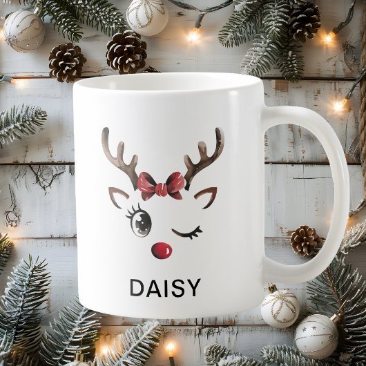 Mug Winking Red Bow Reindeer Christmas Custom Name