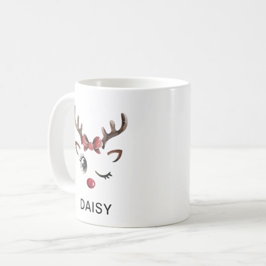 Mug Winking Red Bow Reindeer Christmas Custom Name (Devant gauche)