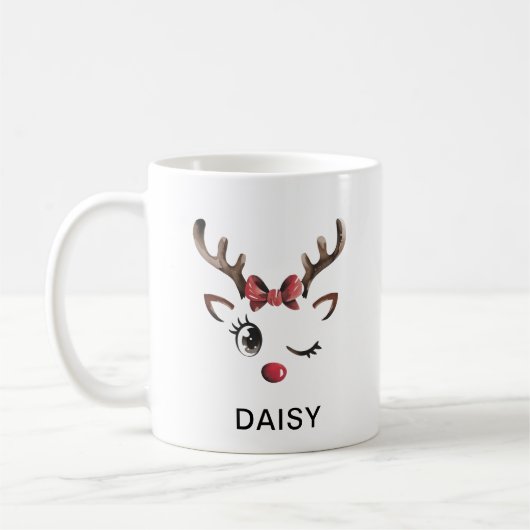 Mug Winking Red Bow Reindeer Christmas Custom Name (Gauche)