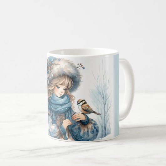 Mug Winter Girl with Bird in Blue Floral Coat (Devant droit)
