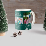 Mug Winter holiday family 4 photo collage snowflakes<br><div class="desc">Modern elegant Christmas simple winter holiday family four photo collage mug featuring Together (editable) script lettering with white snowflakes over a dark hunter green background.                 Personalize it with your family pictures,  name,  and text!</div>