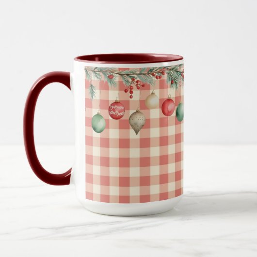 Mug Winter Red Christmas gingham with ornaments (Gauche)