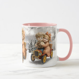 Mug winter retro. Kinderen met een oude auto. Mok