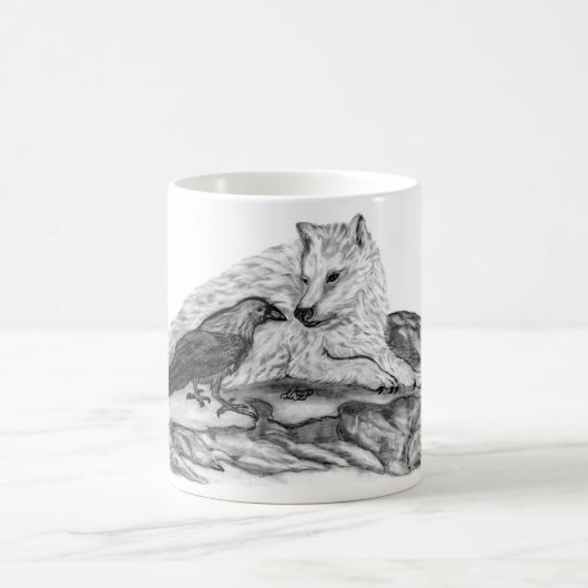 Mug Wolf and Raven black and white design (Centre)