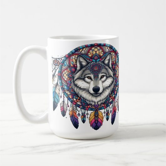 Mug Wolf Mandala Design avec Dreamcatcher et Feathers (Gauche)