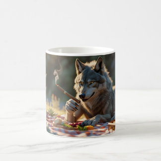 Mug wolf smoking cigar and havinga picnic