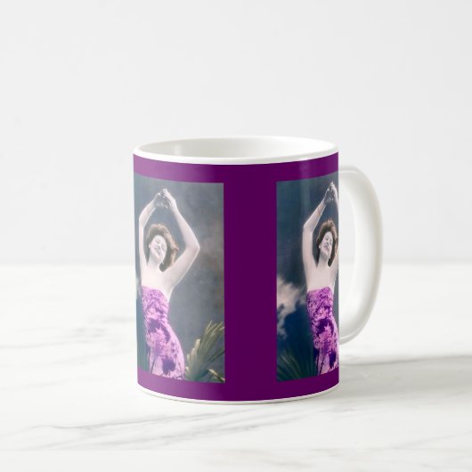 Mug woman in purple sarong , arms raised as if dancing (Devant droit)