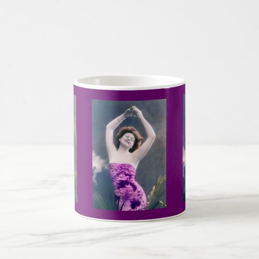 Mug woman in purple sarong , arms raised as if dancing (Centre)