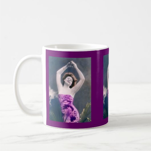 Mug woman in purple sarong , arms raised as if dancing (Gauche)