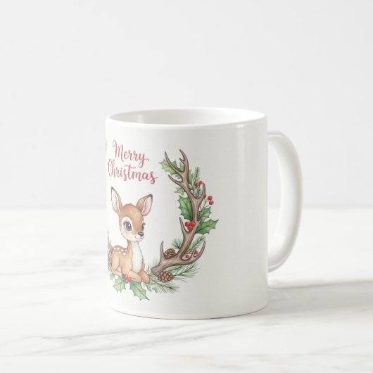 Mug Woodland Christmas Deer Mug, Cute Holiday Fawn Cup (Devant droit)