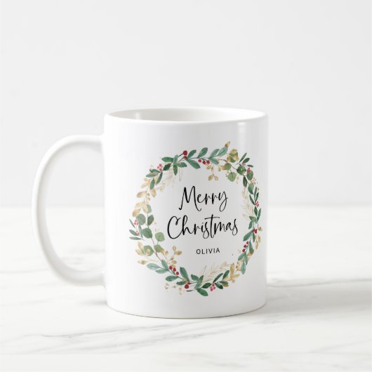 Mug Wreath moderne et script | Joyeux Noël (Gauche)