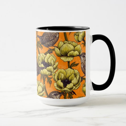 Mug Wrens dans le jardin d'anémones jaunes (Droite)