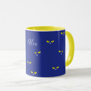 Mug Yellow Cat Eyes in the Dark on Cobalt Blue