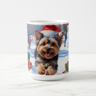 Mug Yorkipoo courant dans la neige avec un chapeau de