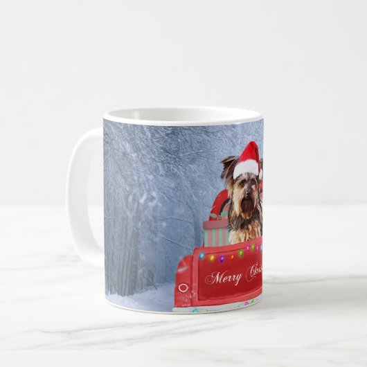 Mug Yorkshire Terrier Dog Neige assis à Noël (Devant gauche)