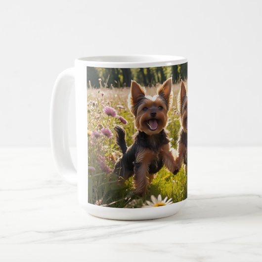 Mug Yorkshire Terriers Jouer dans l'herbe (Devant gauche)