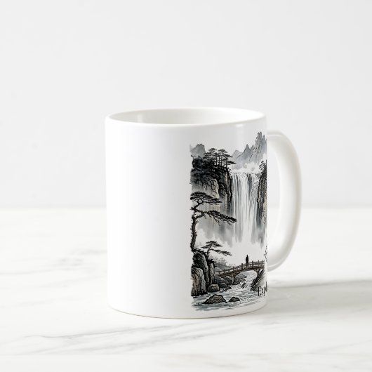 Mug Zen Waterfall Mountain Ink Art Explore Compass (Devant droit)
