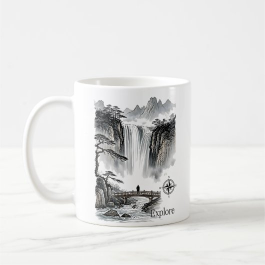 Mug Zen Waterfall Mountain Ink Art Explore Compass (Gauche)