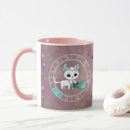 Mug Zodiac Taurus Cute Chat Roue Planète Astrologie (Avec donut)