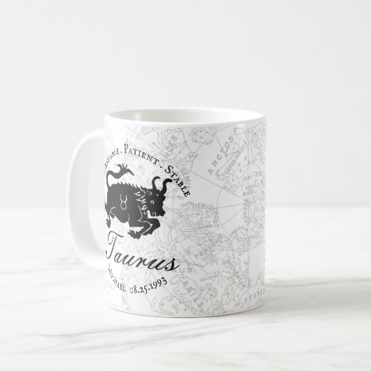 Mug Zodiac Taurus Personnalisé noir blanc Traits d'ast (Devant gauche)