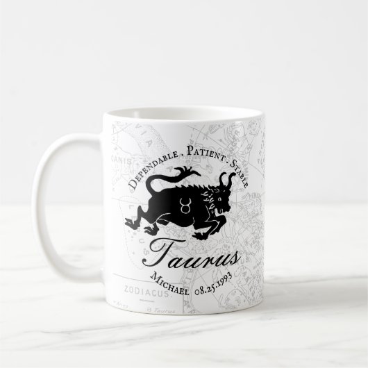 Mug Zodiac Taurus Personnalisé noir blanc Traits d'ast (Gauche)