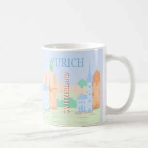Mug Zurich Travel Art, Suisse, Blue Retro Travel