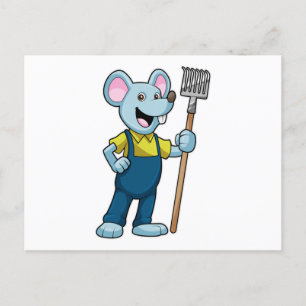 Muis als boer met hark briefkaart