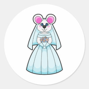 Muis als bruid met bos bloemen ronde sticker
