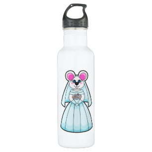 Muis als bruid met bos bloemen waterfles 