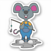 Muis als Fisher met Geviste staaf Sticker (Voorkant)