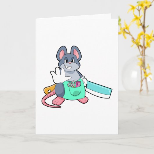 Muis als kapper met schaar en kam kaart (Gele Bloem)