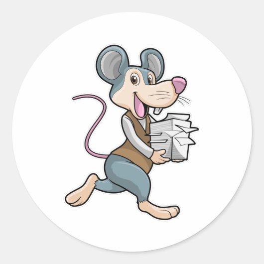 Muis als secretaris met papier ronde sticker (Voorkant)