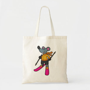 Muis als skiër met ski tote bag