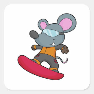 Muis als Snowboarder met Snowboard Vierkante Sticker