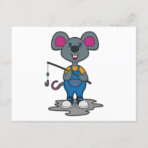 Muis als visser met hengel briefkaart