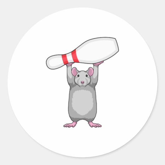Muis bij Bowling met Bowling-pin Ronde Sticker (Voorkant)