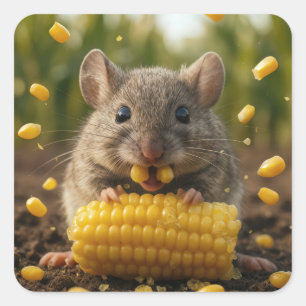 Muis die geniet van een kolf maïs vierkante sticker