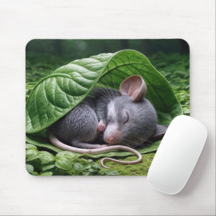 Muis die slaapt in een groen blad muismat