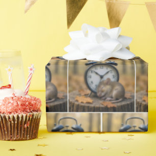 Muis die slaapt naast een wekker cadeaupapier