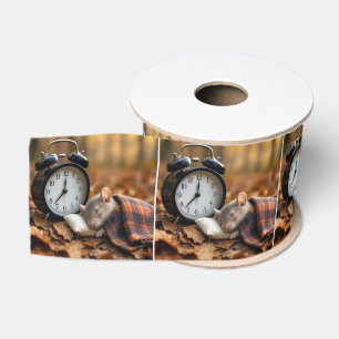 Muis die slaapt naast een wekker grosgrain lint