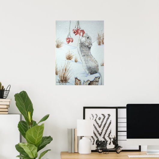 Muis en rode bessen sneeuwscène poster (Thuiskantoor)