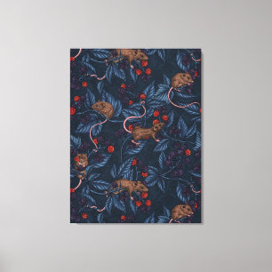Muis en zwarte bessen op marineblauw canvas afdruk